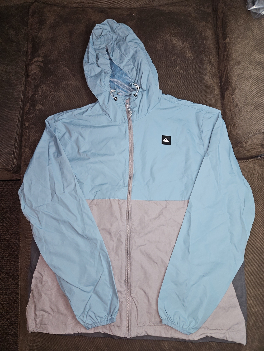 Quiksilver Men's Hooded Windbreaker Jacket - Light Blue & Gray